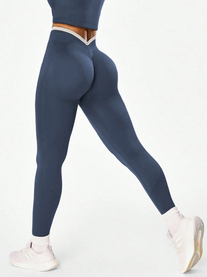 Women'S Sporty High-Waist Pants, Slim Fit V-Neck Design, High Elasticity, Perfect for Cycling Running Yoga Gym