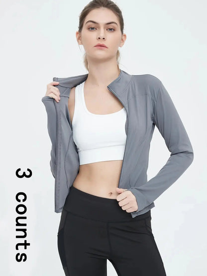 Women'S Thumb Holes Zip up Sports Jacket, Sporty Plain Long Sleeve Tops, Women'S Sportswear for Tennis Pickleball Indoor Outdoor Wear, Sports Outerwear, Zip Front Jacket